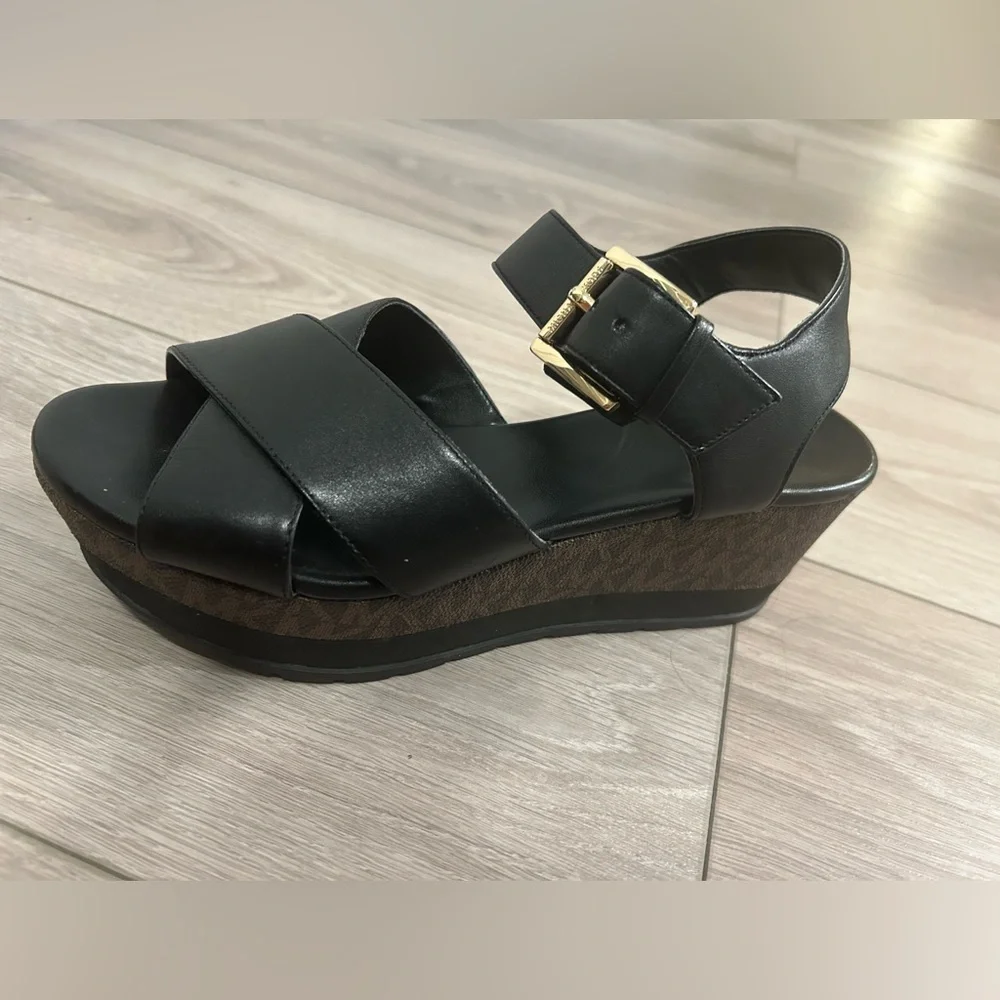 Michael Kors Black Leather Platform Wedge Sandals with Gold Buckle (Size 7)